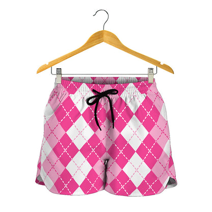 Pink And White Argyle Pattern Print Women's Shorts