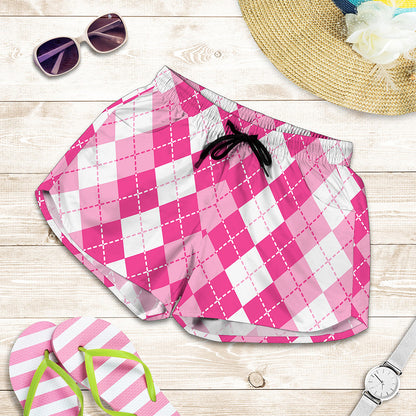 Pink And White Argyle Pattern Print Women's Shorts