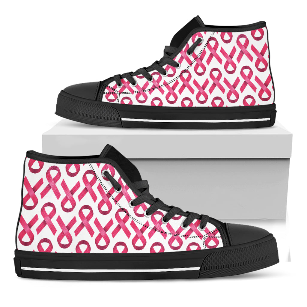 Pink And White Breast Cancer Print Black High Top Shoes