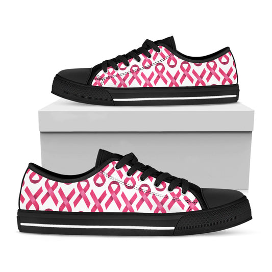 Pink And White Breast Cancer Print Black Low Top Shoes