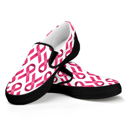 Pink And White Breast Cancer Print Black Slip On Shoes