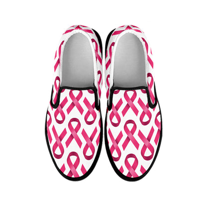 Pink And White Breast Cancer Print Black Slip On Shoes