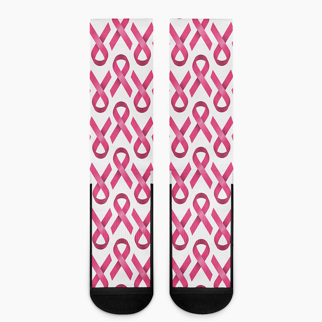 Pink And White Breast Cancer Print Crew Socks