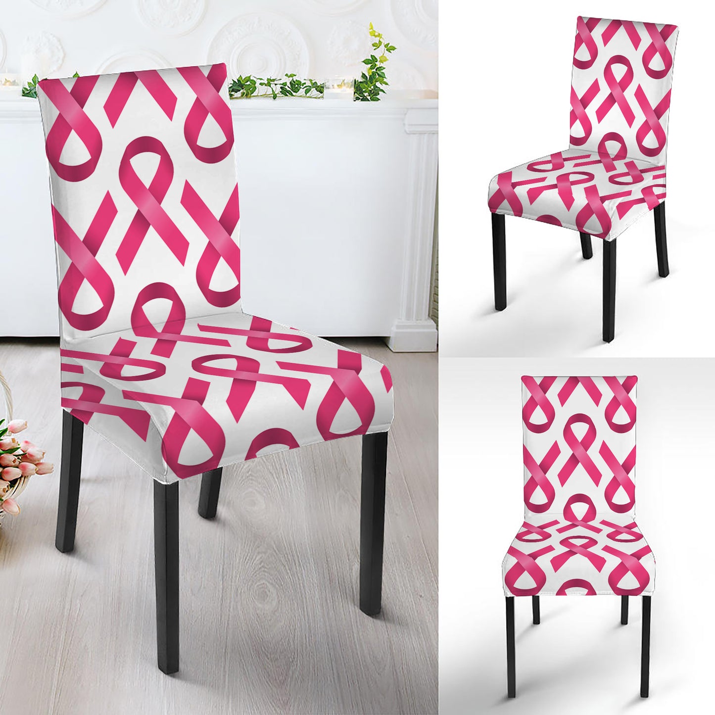 Pink And White Breast Cancer Print Dining Chair Slipcover