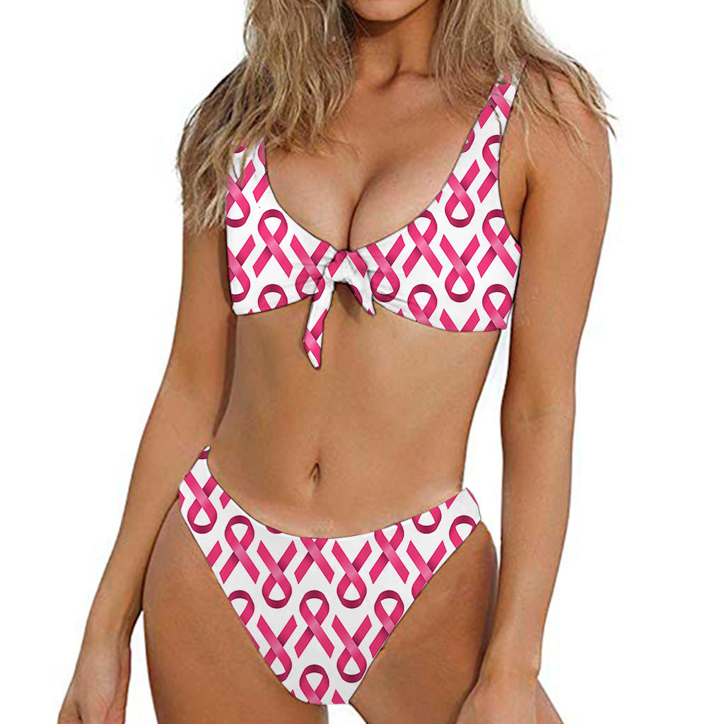 Pink And White Breast Cancer Print Front Bow Tie Bikini