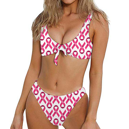 Pink And White Breast Cancer Print Front Bow Tie Bikini