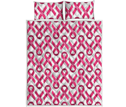 Pink And White Breast Cancer Print Quilt Bed Set