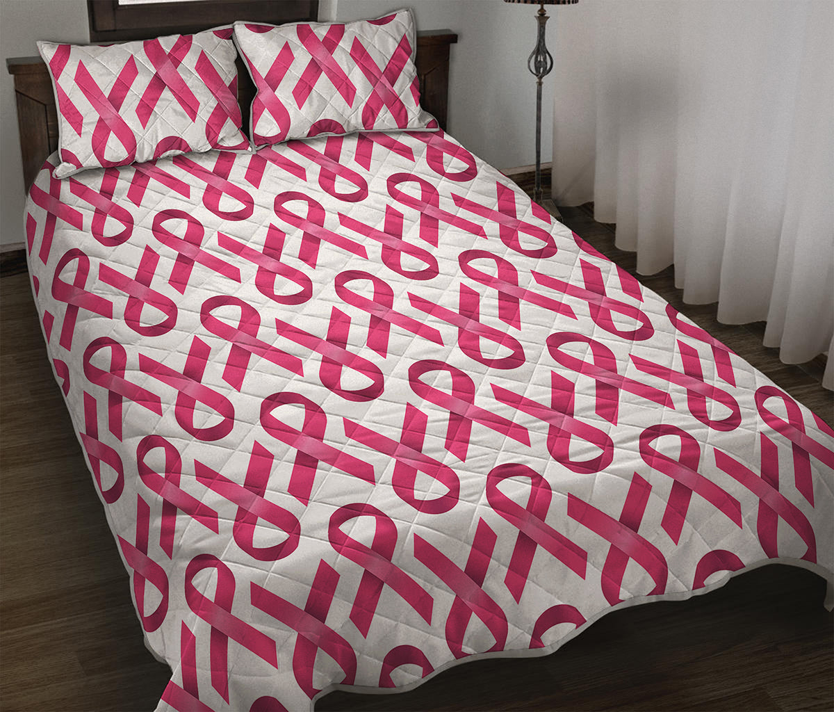 Pink And White Breast Cancer Print Quilt Bed Set