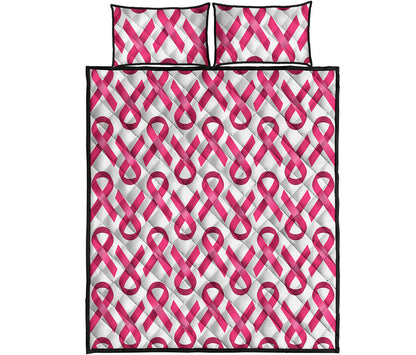 Pink And White Breast Cancer Print Quilt Bed Set