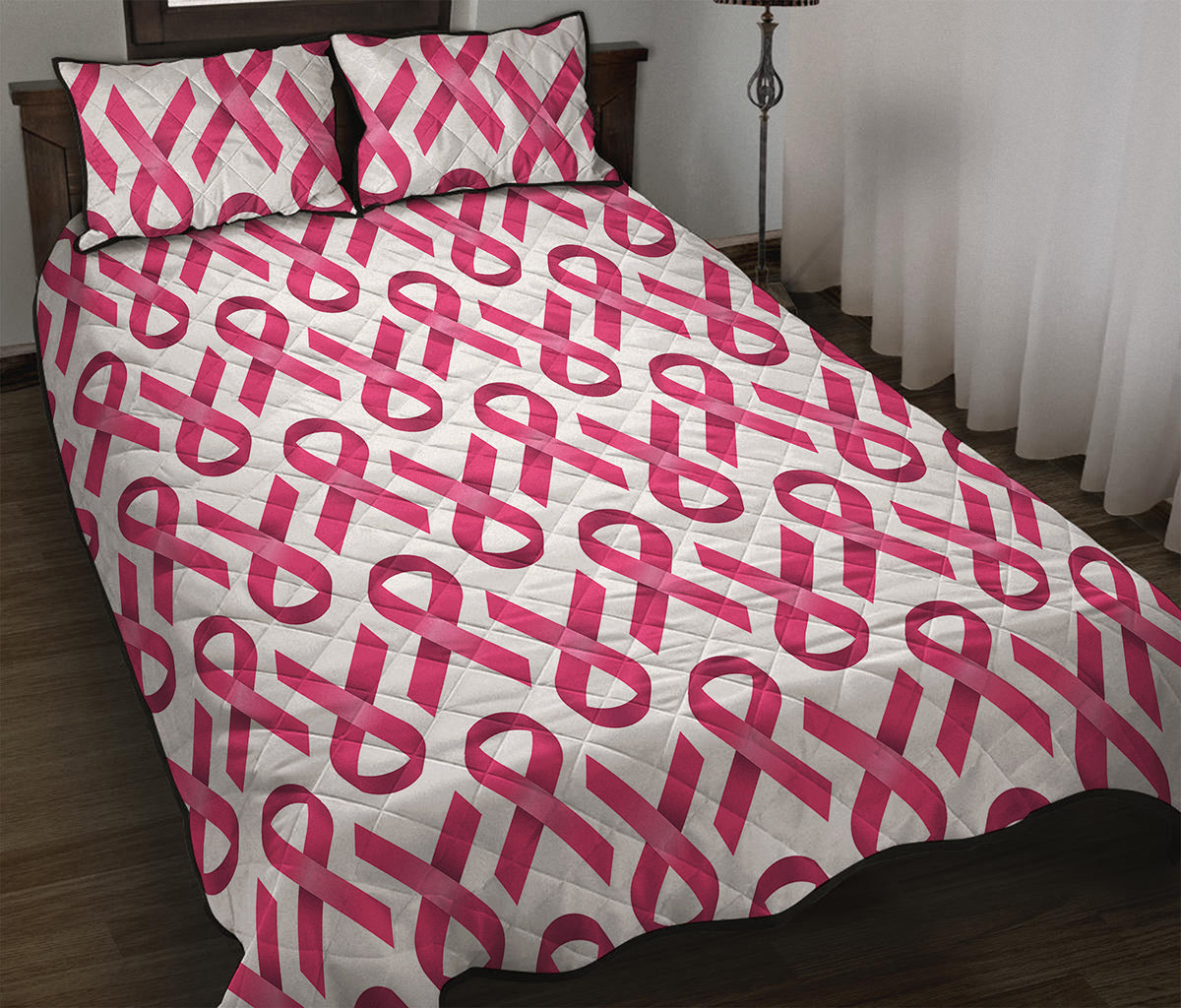 Pink And White Breast Cancer Print Quilt Bed Set