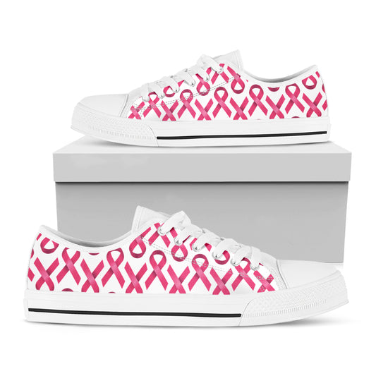 Pink And White Breast Cancer Print White Low Top Shoes