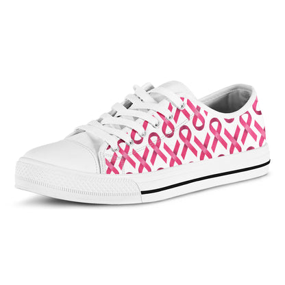 Pink And White Breast Cancer Print White Low Top Shoes