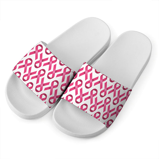 Pink And White Breast Cancer Print White Slide Sandals