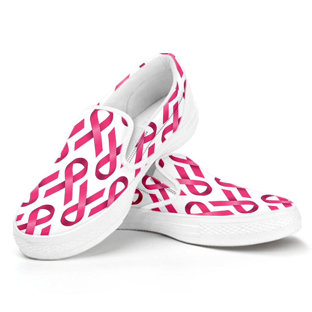 Pink And White Breast Cancer Print White Slip On Shoes