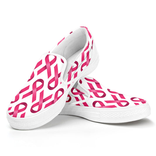 Pink And White Breast Cancer Print White Slip On Shoes