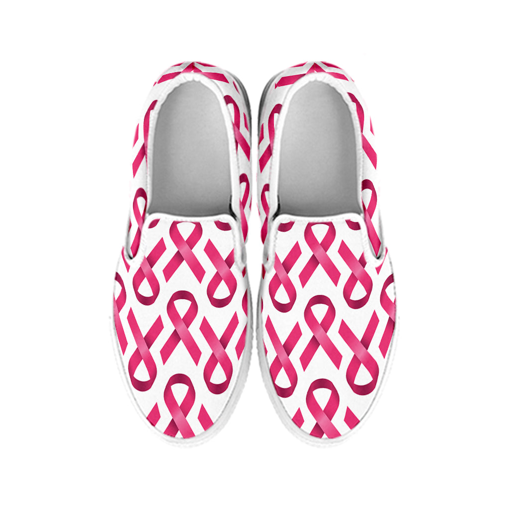 Pink And White Breast Cancer Print White Slip On Shoes