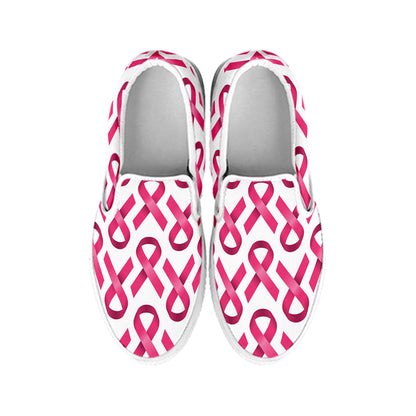 Pink And White Breast Cancer Print White Slip On Shoes