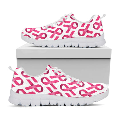 Pink And White Breast Cancer Print White Sneakers