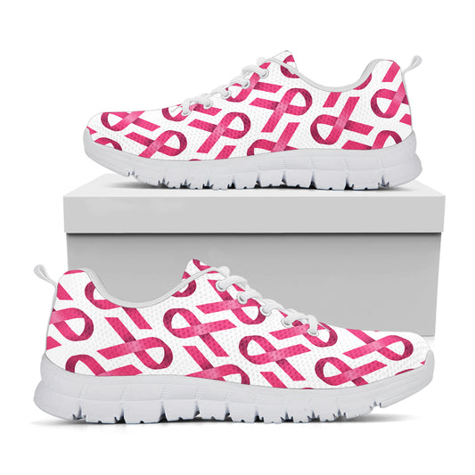 Pink And White Breast Cancer Print White Sneakers