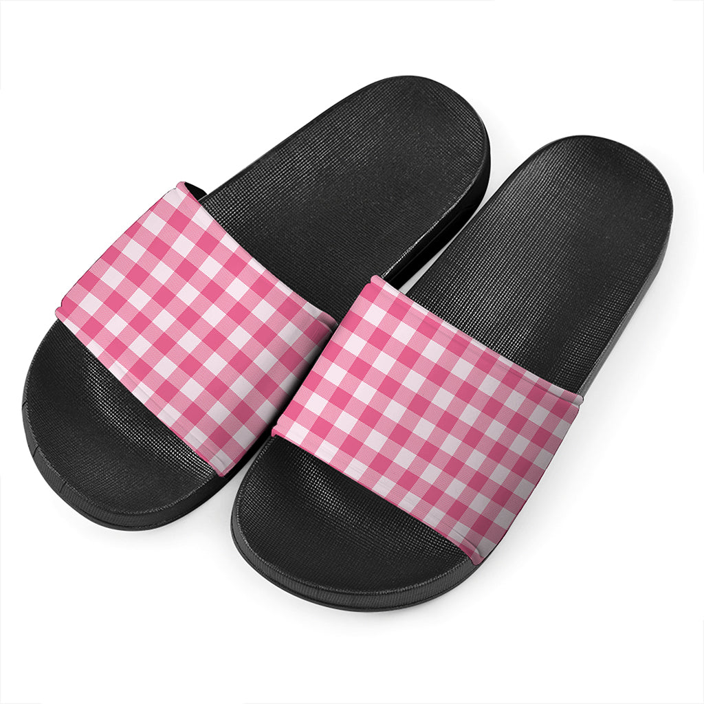 Pink And White Buffalo Check Print Black Slide Sandals