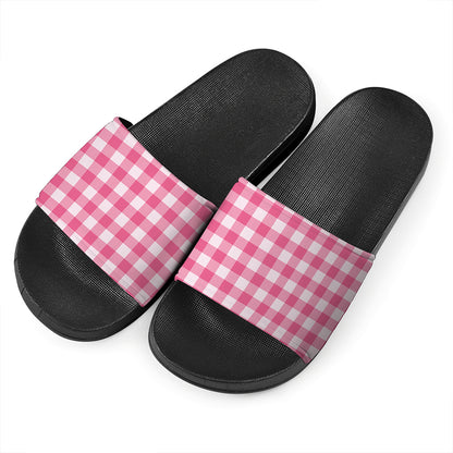 Pink And White Buffalo Check Print Black Slide Sandals