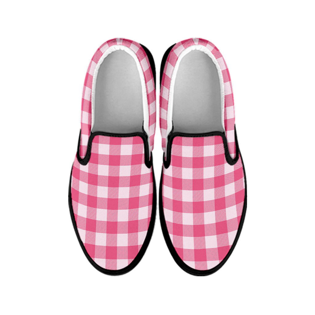 Pink And White Buffalo Check Print Black Slip On Shoes