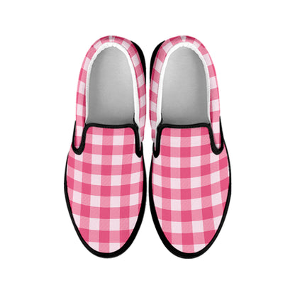 Pink And White Buffalo Check Print Black Slip On Shoes