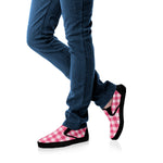 Pink And White Buffalo Check Print Black Slip On Shoes