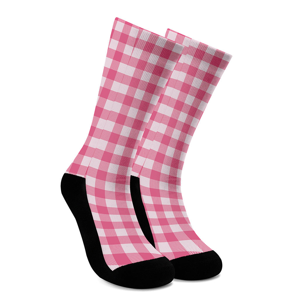 Pink And White Buffalo Check Print Crew Socks