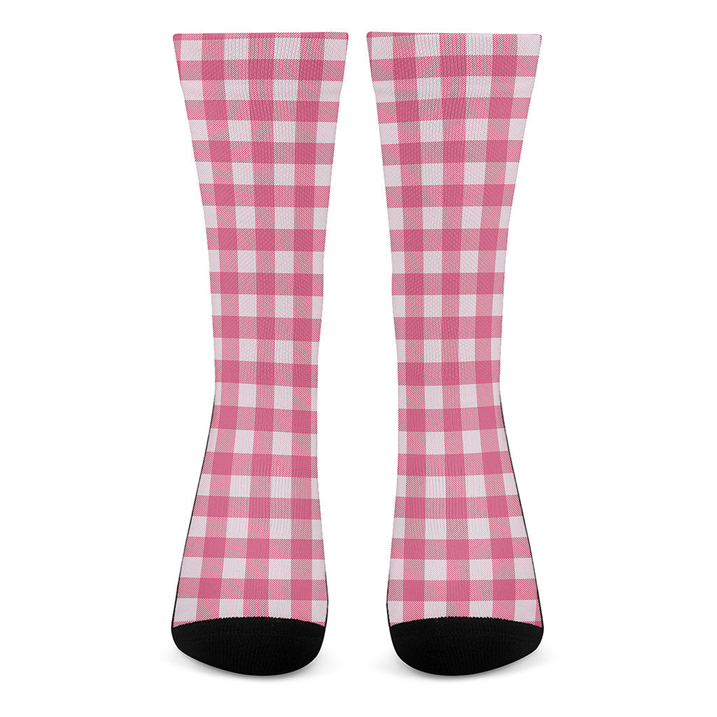 Pink And White Buffalo Check Print Crew Socks