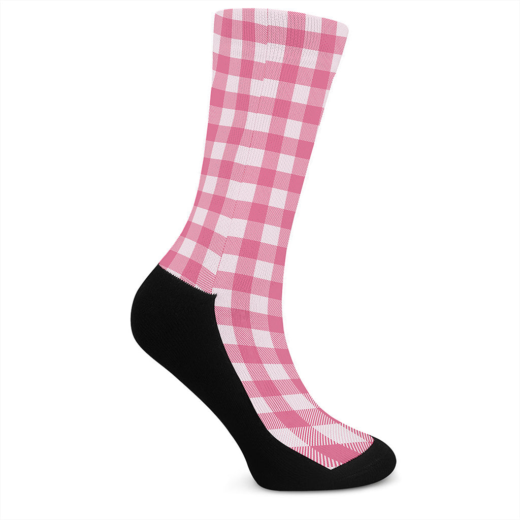 Pink And White Buffalo Check Print Crew Socks