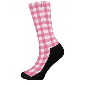 Pink And White Buffalo Check Print Crew Socks