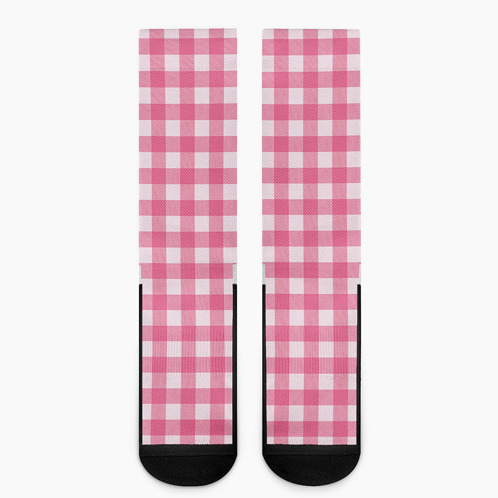 Pink And White Buffalo Check Print Crew Socks