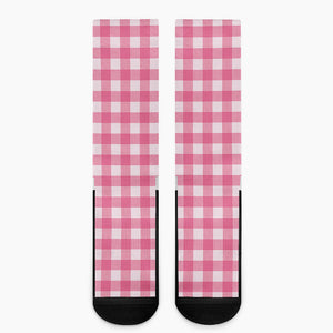 Pink And White Buffalo Check Print Crew Socks