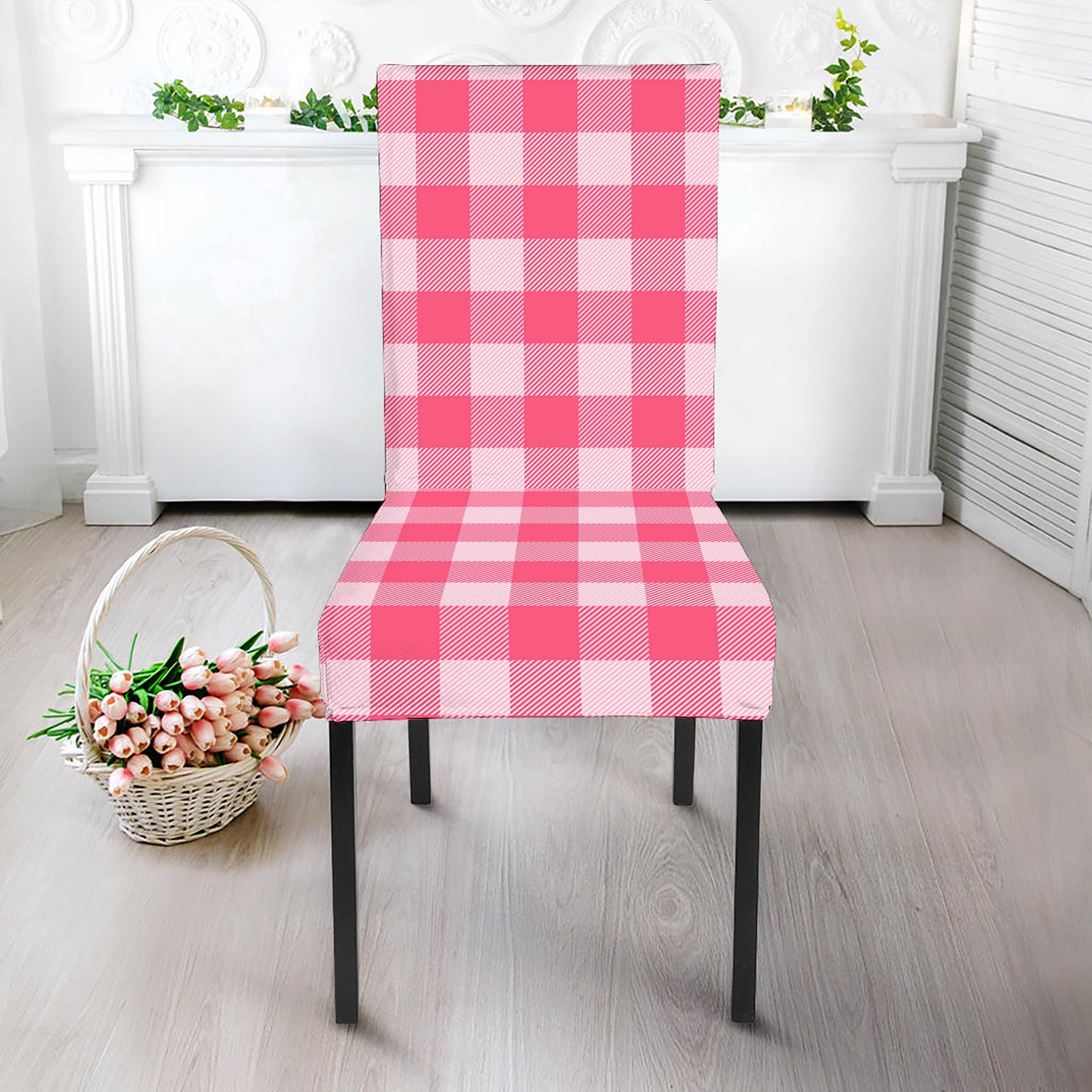 Pink And White Buffalo Check Print Dining Chair Slipcover