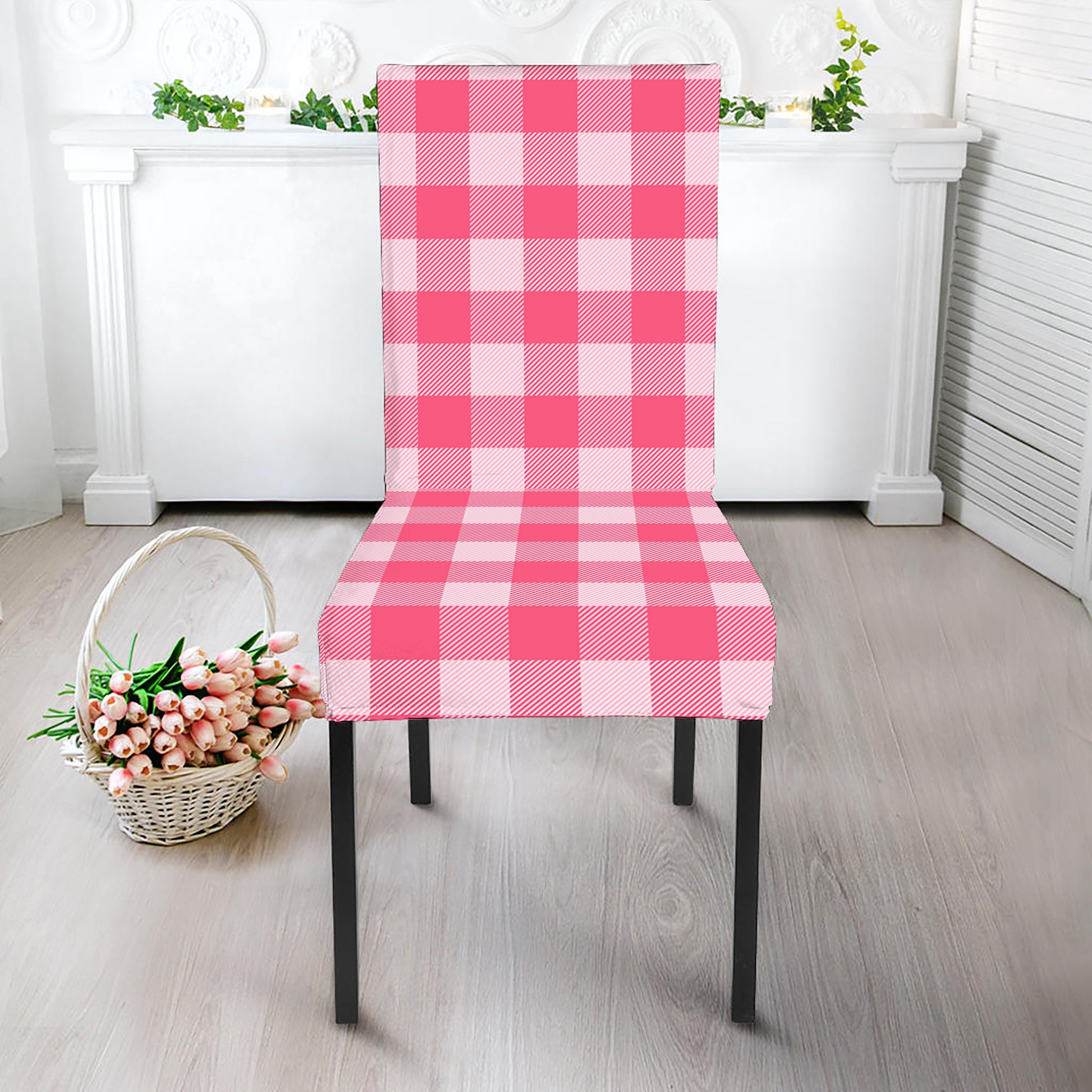 Pink And White Buffalo Check Print Dining Chair Slipcover