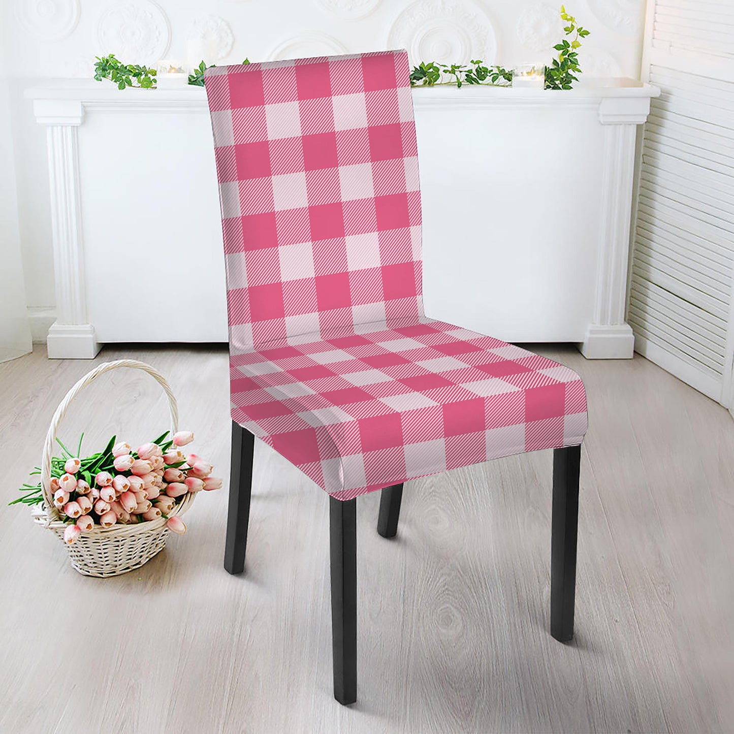 Pink And White Buffalo Check Print Dining Chair Slipcover