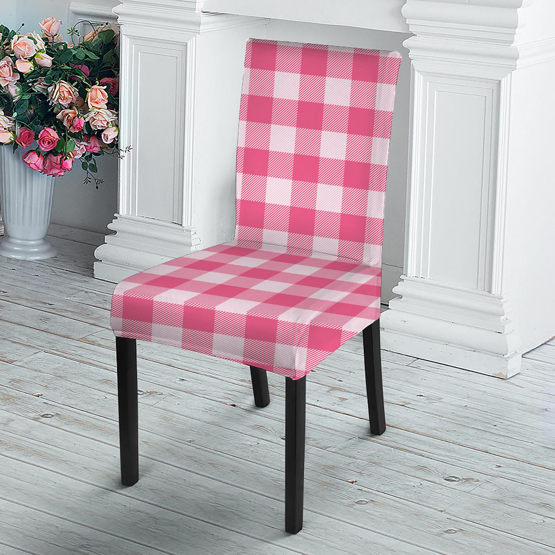 Pink And White Buffalo Check Print Dining Chair Slipcover