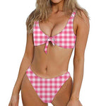 Pink And White Buffalo Check Print Front Bow Tie Bikini