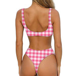 Pink And White Buffalo Check Print Front Bow Tie Bikini