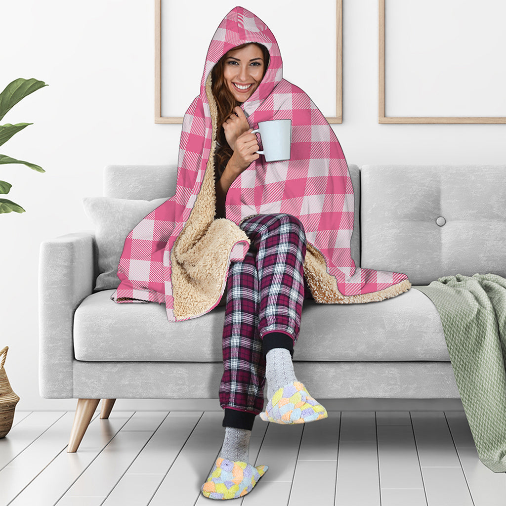 Pink And White Buffalo Check Print Hooded Blanket