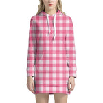 Pink And White Buffalo Check Print Hoodie Dress