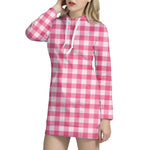 Pink And White Buffalo Check Print Hoodie Dress