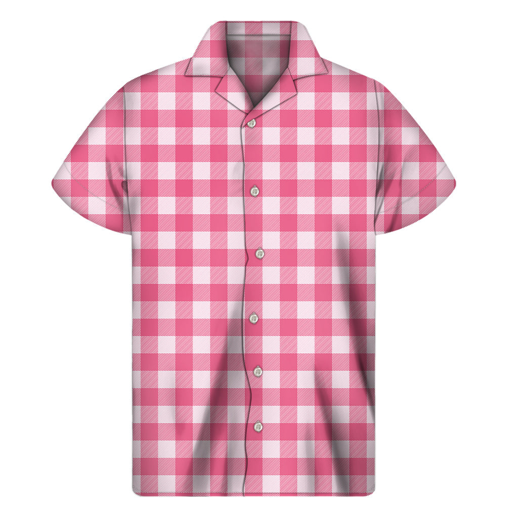 Pink And White Buffalo Check Print Men's Short Sleeve Shirt