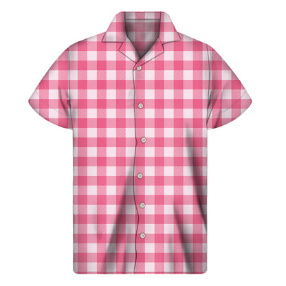 Pink And White Buffalo Check Print Men's Short Sleeve Shirt