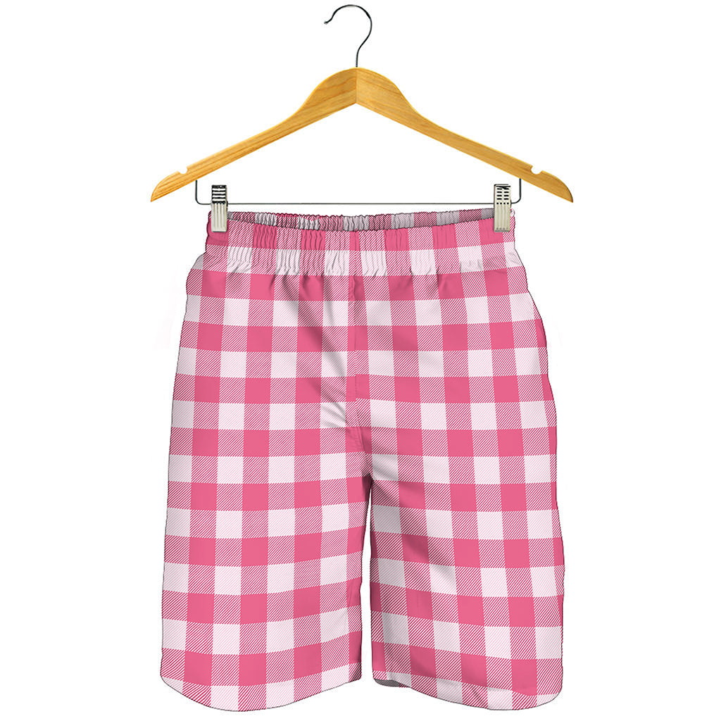 Pink And White Buffalo Check Print Men's Shorts