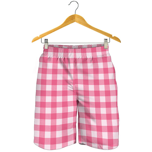 Pink And White Buffalo Check Print Men's Shorts