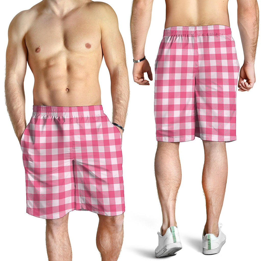 Pink And White Buffalo Check Print Men's Shorts