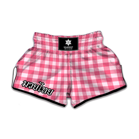 Pink And White Buffalo Check Print Muay Thai Boxing Shorts
