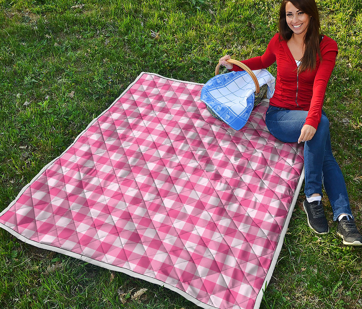 Pink And White Buffalo Check Print Quilt